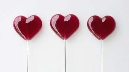 Three heart-shaped lollipops displayed on a plain white background, vibrant colors, sweet treats, candy, love, romance,