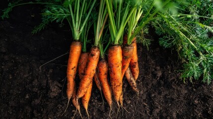 Freshly harvested carrots with bright orange bodies and green leafy tops lie in dark clumpy soil,