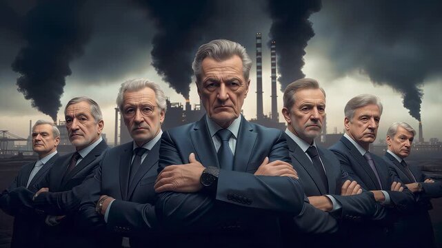 Powerful corporate executives in front of polluting industrial landscape