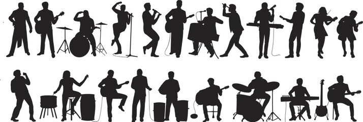 Silhouette musicians performing with guitars, drums, keyboards, violin, and singers, live concert entertainment, artistic music band illustration