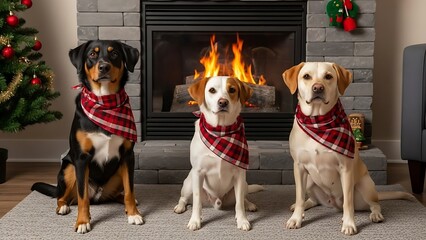 Three dogs in red plaid bandanas sitting by a fireplace at Christmas