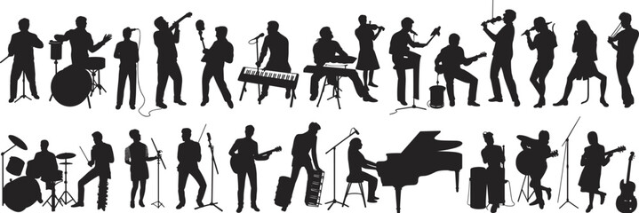 Silhouette musicians playing instruments, jazz band performance, orchestra ensemble illustration, live concert energy, entertainment lifestyle, creative music diversity © Sohan Creatives