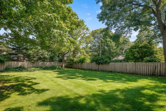 Idyllic backyard scene with green lawn, privacy fence, and shaded trees for outdoor living