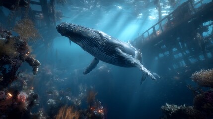 Fototapeta premium Whales swim shipwreck underwater.