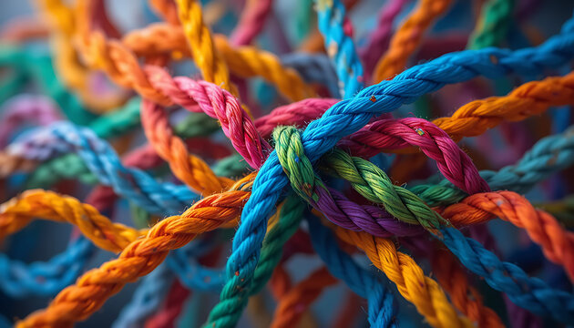 Colorful ropes intertwined in a knot multicolored