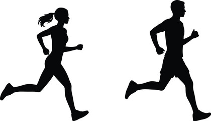 Silhouette runners in motion, man and woman jogging together, fitness lifestyle illustration, health exercise concept, active people, sports trainingSilhouette runners in motion,