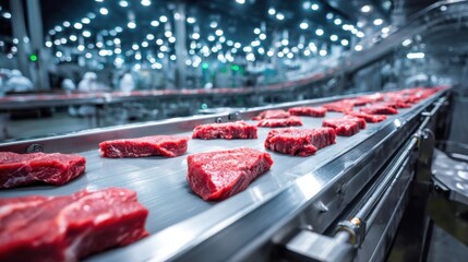Raw beef steaks move along a conveyor belt in a modern food factory