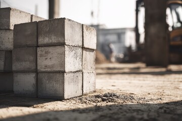 Industrial masonry arrangement: gray concrete blocks in a neat pile with shadows