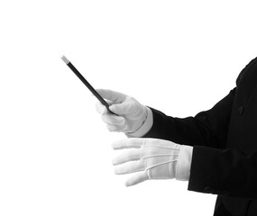 Male magician's hands with wand on white background