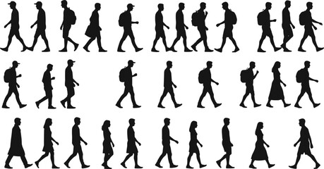 Silhouettes of diverse people walking in rows, carrying backpacks, hats, and coats, symbolizing education, lifestyle, and urban diversity