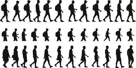 Silhouettes of diverse people walking in rows, carrying backpacks, hats, and coats, symbolizing education, lifestyle, and urban culture