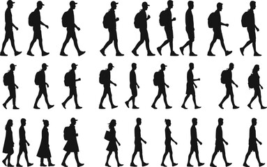 Silhouettes of diverse people walking in rows, carrying backpacks, hats, and coats, symbolizing education, lifestyle, and community culture