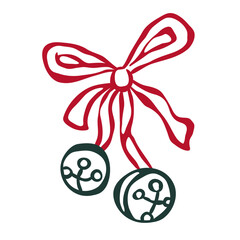 Isolated element of jingle bells with red bow in retro sketch ink style. Flat vector illustration. Trendy design for card, poster, social media. Christmas concept.
