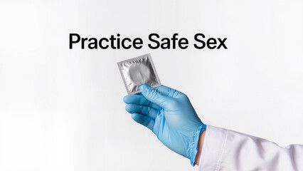 A hand holding a condom packet, blue latex glove, clinical white background, health education poster design, clear typography "Practice Safe Sex", sterile lighting, minimalist composition.