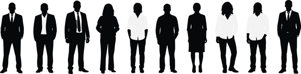 Silhouettes of men and women in business and casual attire, diversity, fashion, lifestyle, professional, human figures