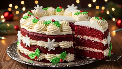 Festive Red Velvet Cake with Cream Cheese Frosting and Holiday Decorations