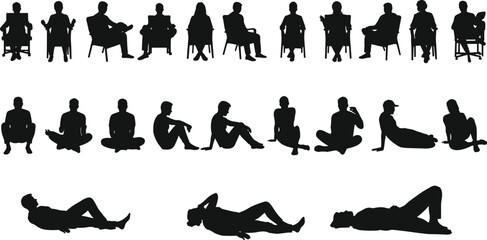 Silhouettes of people sitting, meditating, reclining, and gesturing, body language, posture, lifestyle, mindfulness, relaxation, wellness