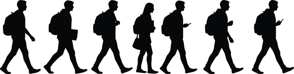 Silhouettes of walking people with backpacks, students and travelers, phone users, carrying items, everyday modern lifestyle illustration