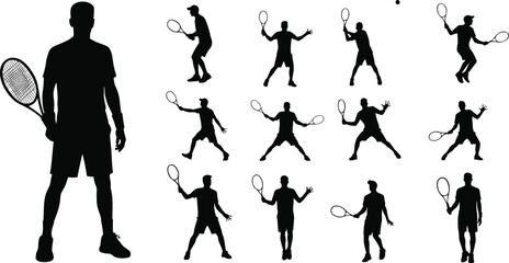 Tennis silhouettes of male athlete in action poses, serving, forehand, backhand, jumping, swinging, running, sports, competition