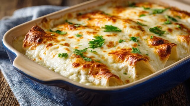 Delicious golden brown cannelloni with melted cheese is served