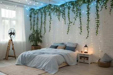 Enchanting bedroom oasis adorned with cascading greenery and twinkling fairy lights creating a serene atmosphere