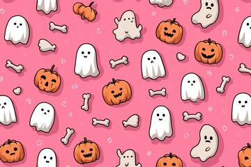 Playful Halloween pattern with ghosts pumpkins and bones on a pink background