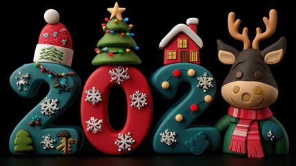 Cute 3D holiday numbers 2026 with winter decorations
