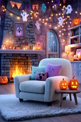 Obraz premium Cozy Halloween living room scene with pumpkins, ghosts, and warm glow under fairy lights