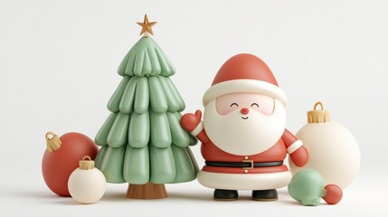 Cute 3D Santa with Christmas tree and festive toys on white background
