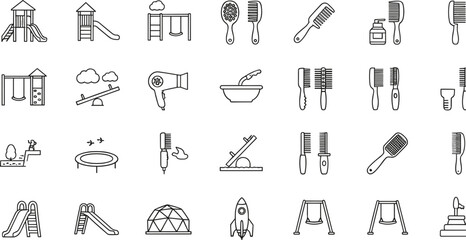 Playground and haircare icon set featuring slides, swings, seesaws, brushes and salon tools for planners, education materials, crafting and digital projects