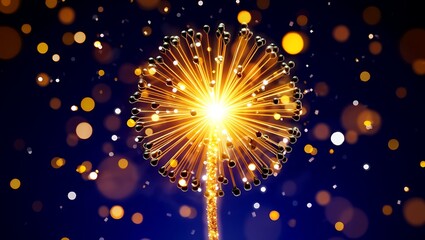 Dazzling Golden Firework Burst with Sparkling Bokeh Lights on Dark Blue Background