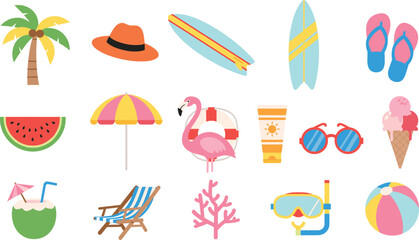 Fototapeta premium Summer beach clipart bundle with tropical elements, surfboards, flamingo float, umbrellas, drinks, and accessories for crafts, invitations, stickers, and sublimation
