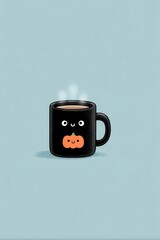 Obraz premium Cute black mug with pumpkin face and steam, cozy autumn beverage illustration