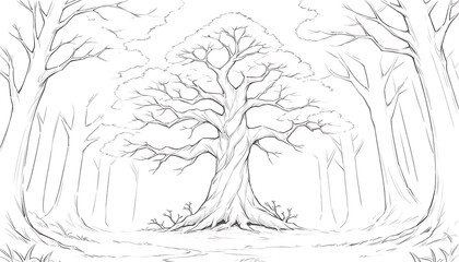 Fototapeta premium Large tree in forest with bare branches and trunk grass