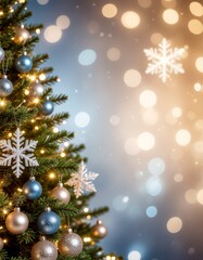 Festive Christmas: A beautifully adorned Christmas tree, sparkling with ornaments and lights, against a backdrop of twinkling bokeh, evokes feelings of warmth, joy.