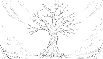 Bare tree with twisted trunk and branches on white background