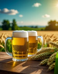 Golden Brews Amidst Barley Fields: Two frosty mugs of golden beer glisten in the sunlight, nestled among a vibrant field of golden barley, symbolizing the essence of a warm and sunny day