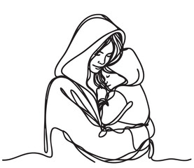 line sketch mother and child hugs behind in black hoodie
