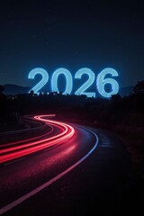 A captivating night scene features glowing blue numbers "2026" illuminating a dark, starry sky above a winding road. Streaks of vibrant red light trails from moving vehicles create a dynamic sense of 