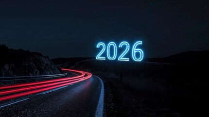 A dynamic long exposure shot captures a winding road at night, illuminated by vibrant red light trails from passing vehicles, creating streaks of motion. Against the dark, starlit sky, the year '2026'