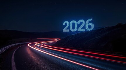 A dynamic night landscape features a winding highway with vibrant long exposure light trails, illustrating rapid movement and futuristic progression. Streaks of crimson and electric blue light from un