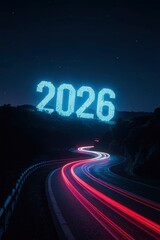 A dynamic night landscape features a winding highway with vibrant, streaking light trails from vehicles, signifying speed and continuous movement. Above the road, a monumental display of the year "202