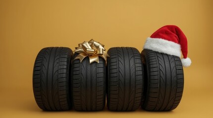 A festive display of four automotive tires arranged neatly against a warm, solid golden background, evoking a sense of seasonal cheer and special offers. One tire is prominently adorned with a bright,