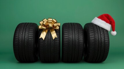 A visually engaging studio shot featuring four pristine, dark vehicle tires neatly arranged in a row against a vibrant, solid green backdrop. One tire is prominently adorned with a luxurious, shiny go