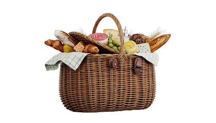 Charming wicker picnic hamper filled with delectable treats for a leisurely outdoor experience isolated on solid white background