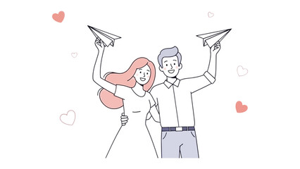 Love's Paper Wings: A happy couple joyfully holds aloft paper airplanes amidst floating hearts, a symbol of their shared dreams and journey together. 