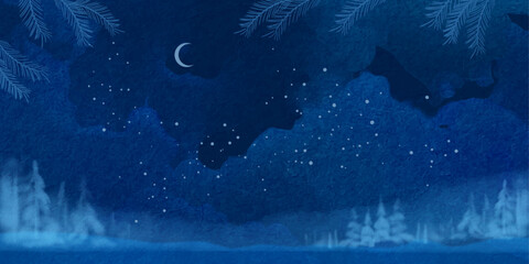 Abstract winter season watercolor banner with doodle elements. Snowy winter landscape. Watercolor drawing of a winter night with a distant forest, moon and mountains