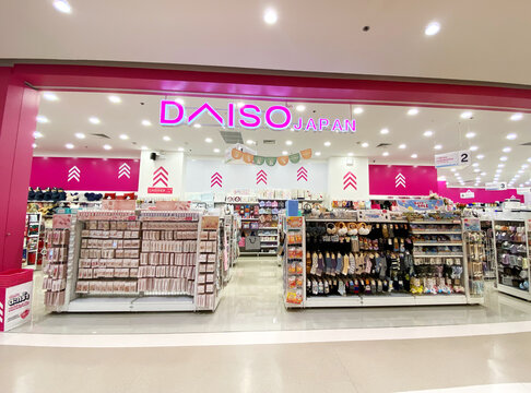 Pattaya, Thailand - November 20, 2025: Daiso Japan store in a shopping mall featuring colorful displays of household items and accessories, showcasing vibrant retail environment with copy space