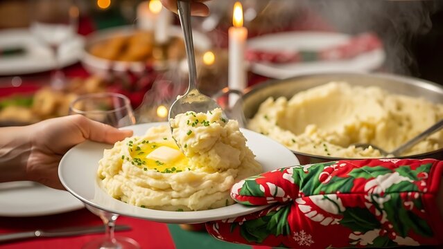 A close-up shot of a plate of mashed potatoes being served at a festive dinner table