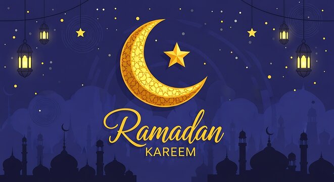 Beautiful golden crescent moon and star illuminate a ramadan kareem night with mosque and lanterns